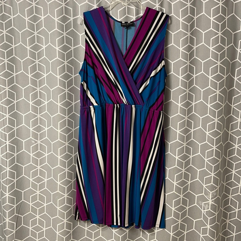 Purple, aqua, rose dress.